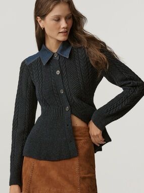 Pilcro Navy Knit Cardigan with Denim Collar